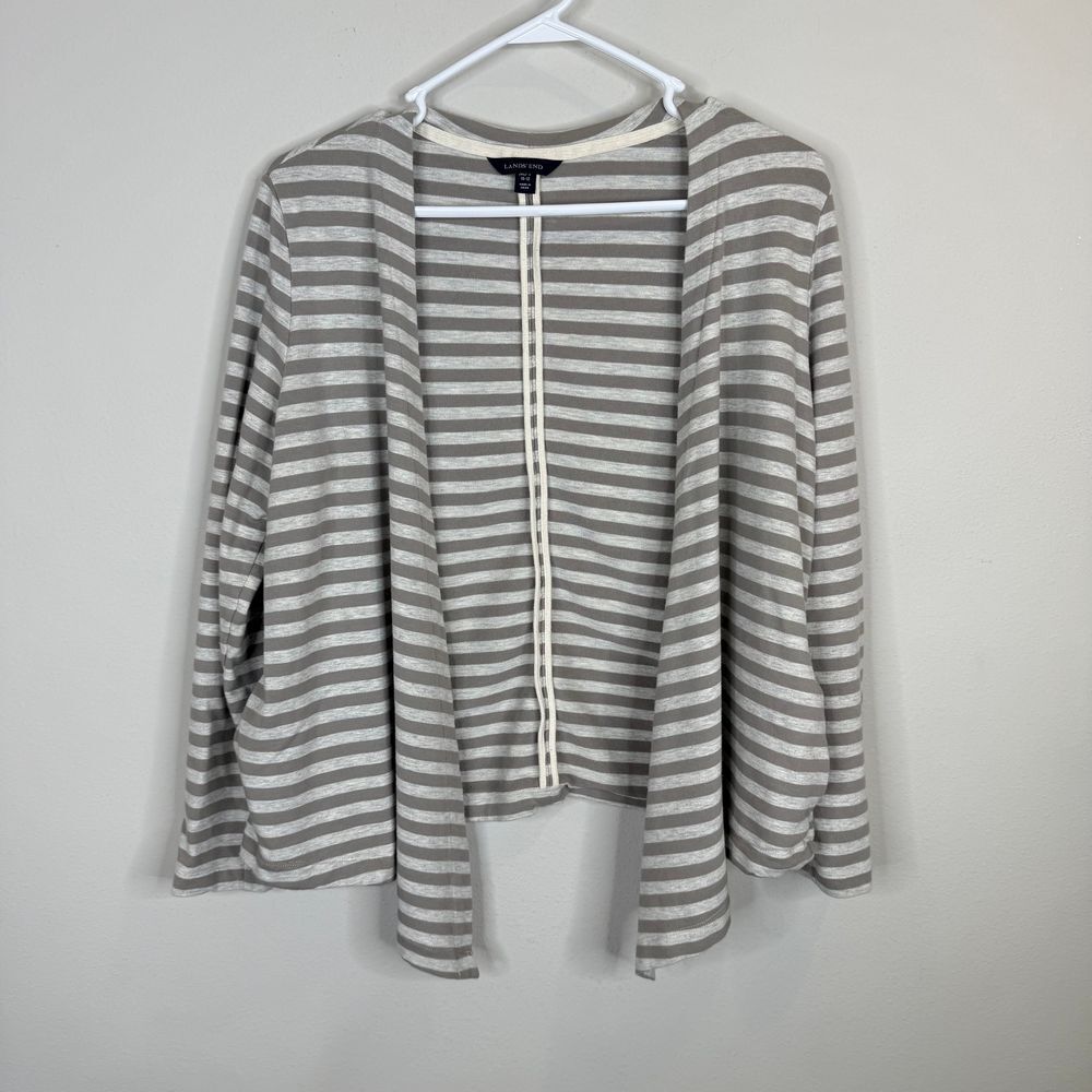 Lands' End Cardigan Womens 10-12 Gray White Striped Open Front Cardigan Cotton - Picture 1 of 9